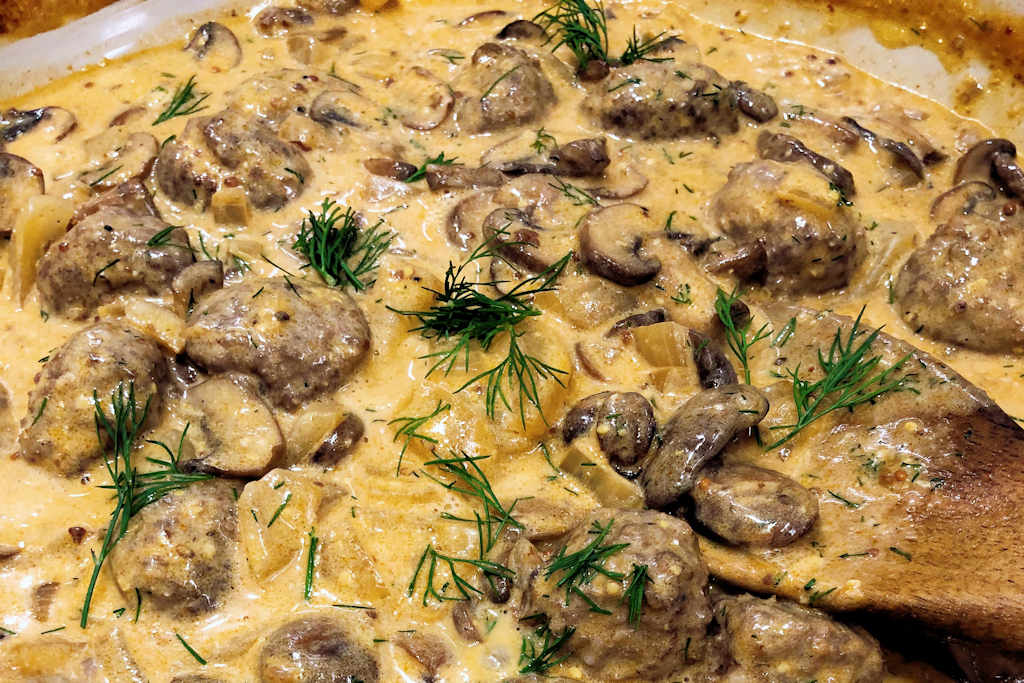 beef meatball stroganoff, creamy sauce, dill