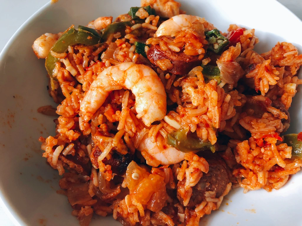 Bowl of jambalaya with okra, shrimp, chorizo and vegetables