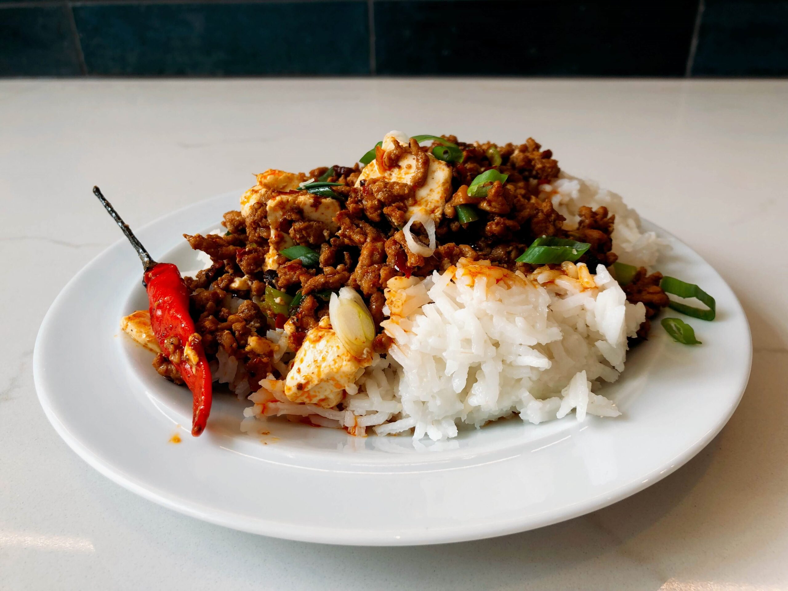 White plate with white rice and mapo tofu